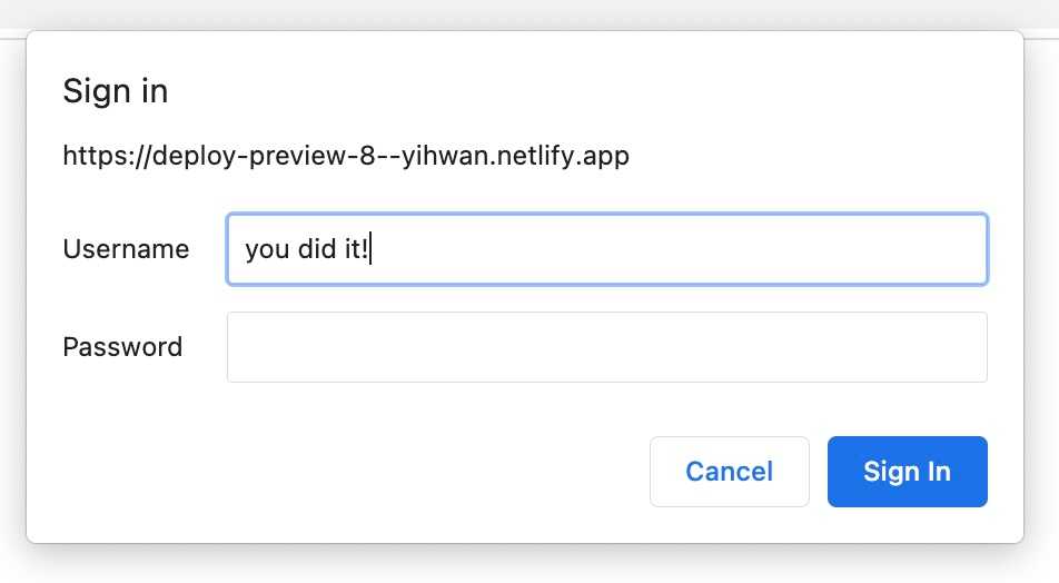 Netlify Deploy Preview showing Basic Auth login dialog with username "you did it!"